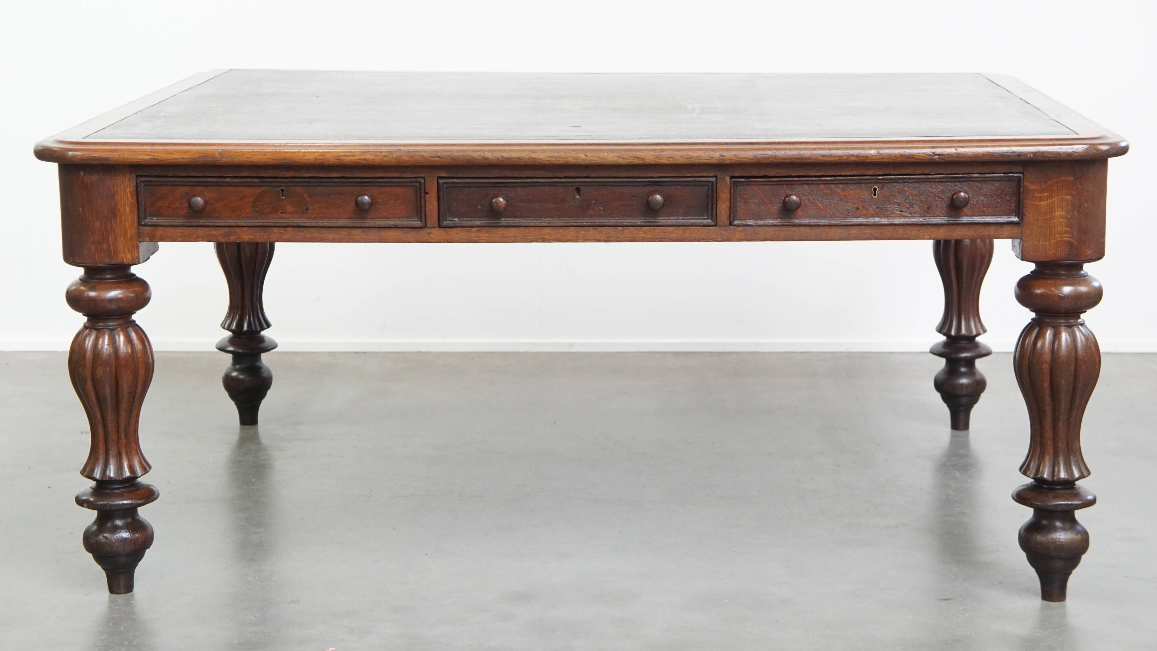 Antique English Oak Writing Desk / Partner Desk with a Leather Top