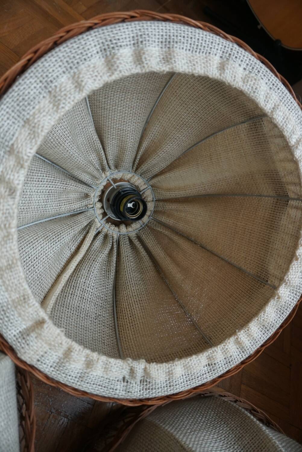 3 70s pendant lights - fabric and rattan