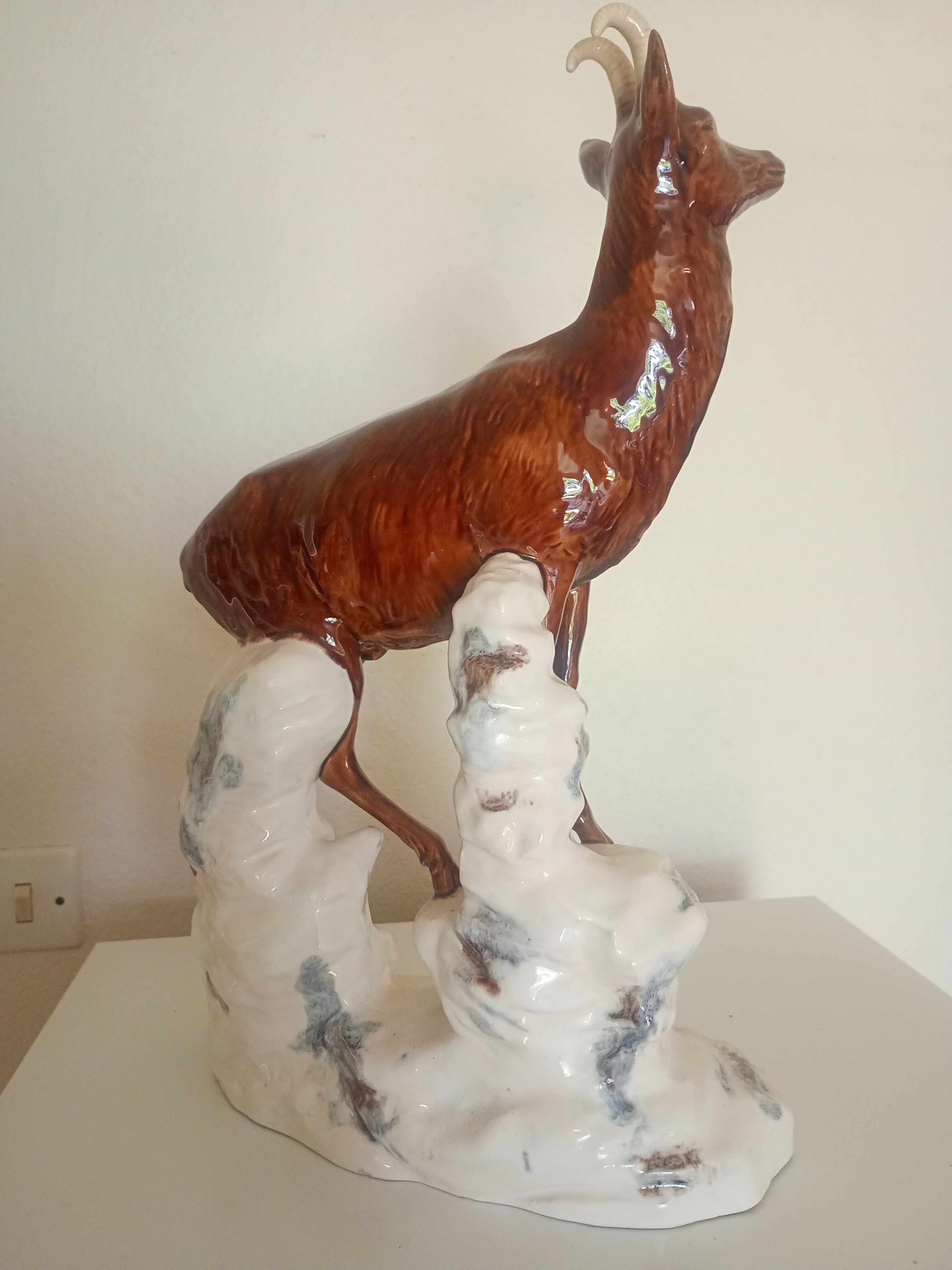 Statuette 43cm chamois on a snowy rock - polychrome ceramic