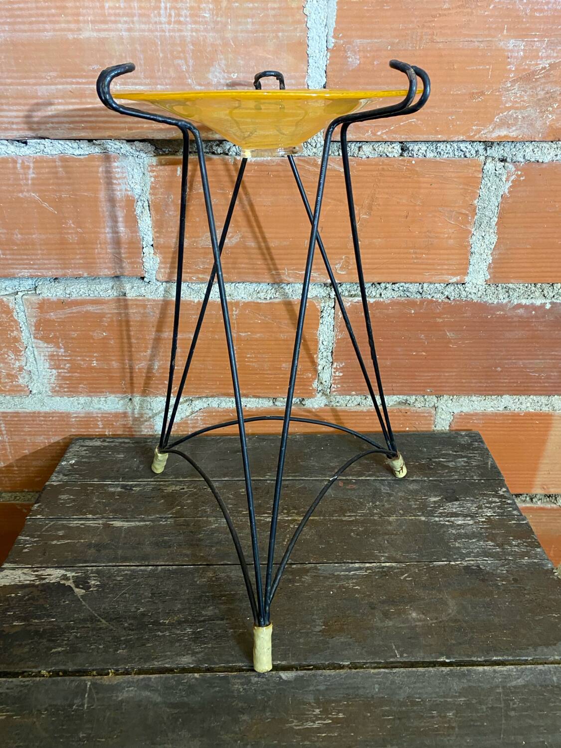 Antique Tripod Side Table Black Metal & Yellow Glass Bowl Years