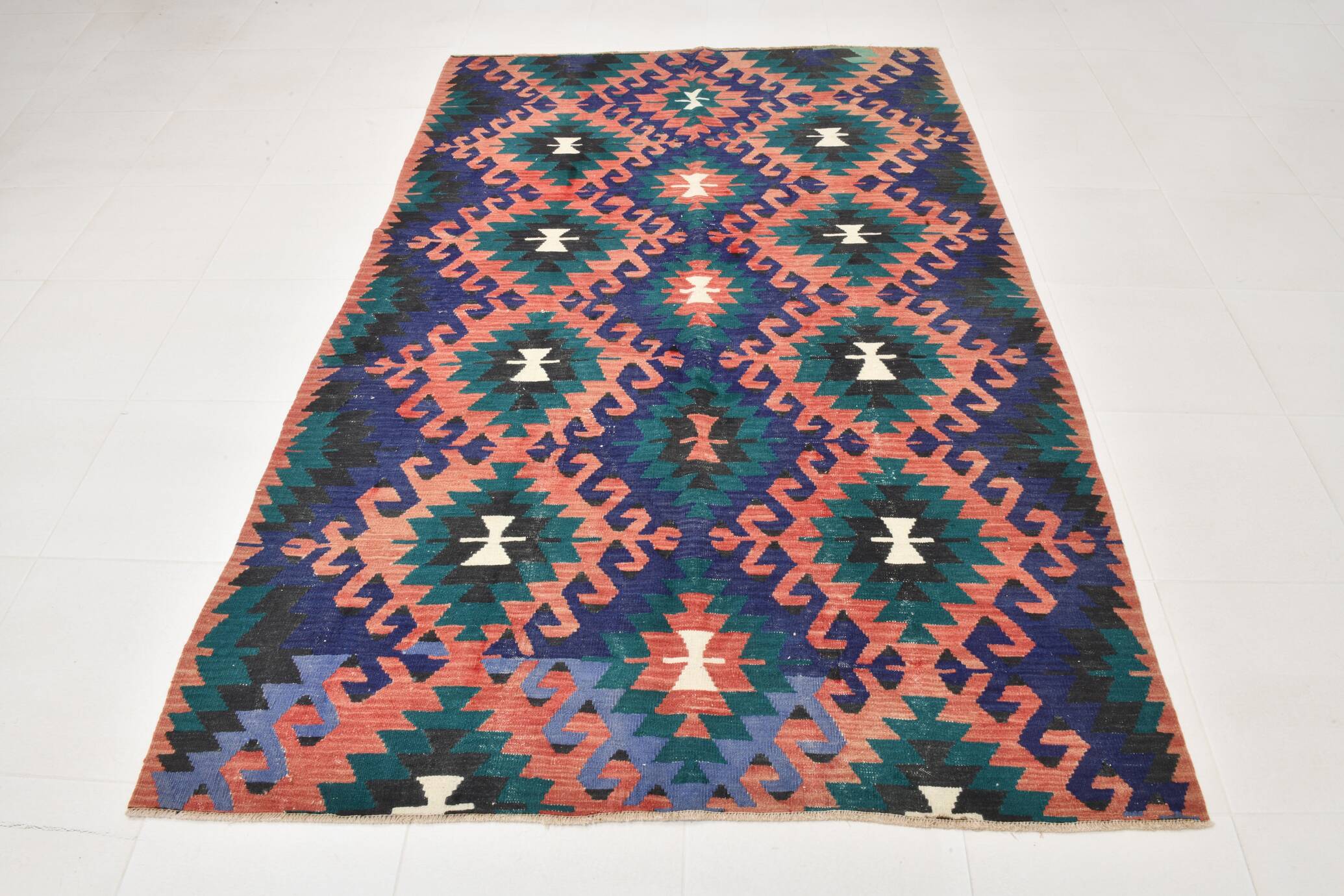 5x8 Blue & Red Geometric Style Vintage Kilim Rug, 158x238Cm