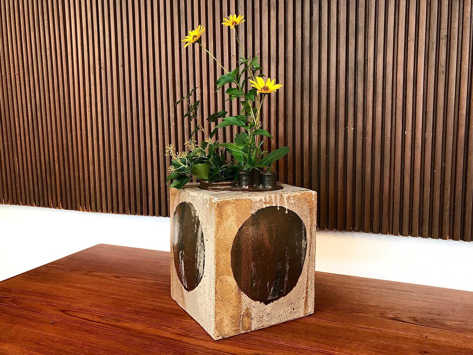 Brutalist ceramic art cube vase by Annette Merkenthaler, Germany 1960s
