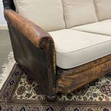 Early 20th century leather club sofa - seat and back in modern fabric