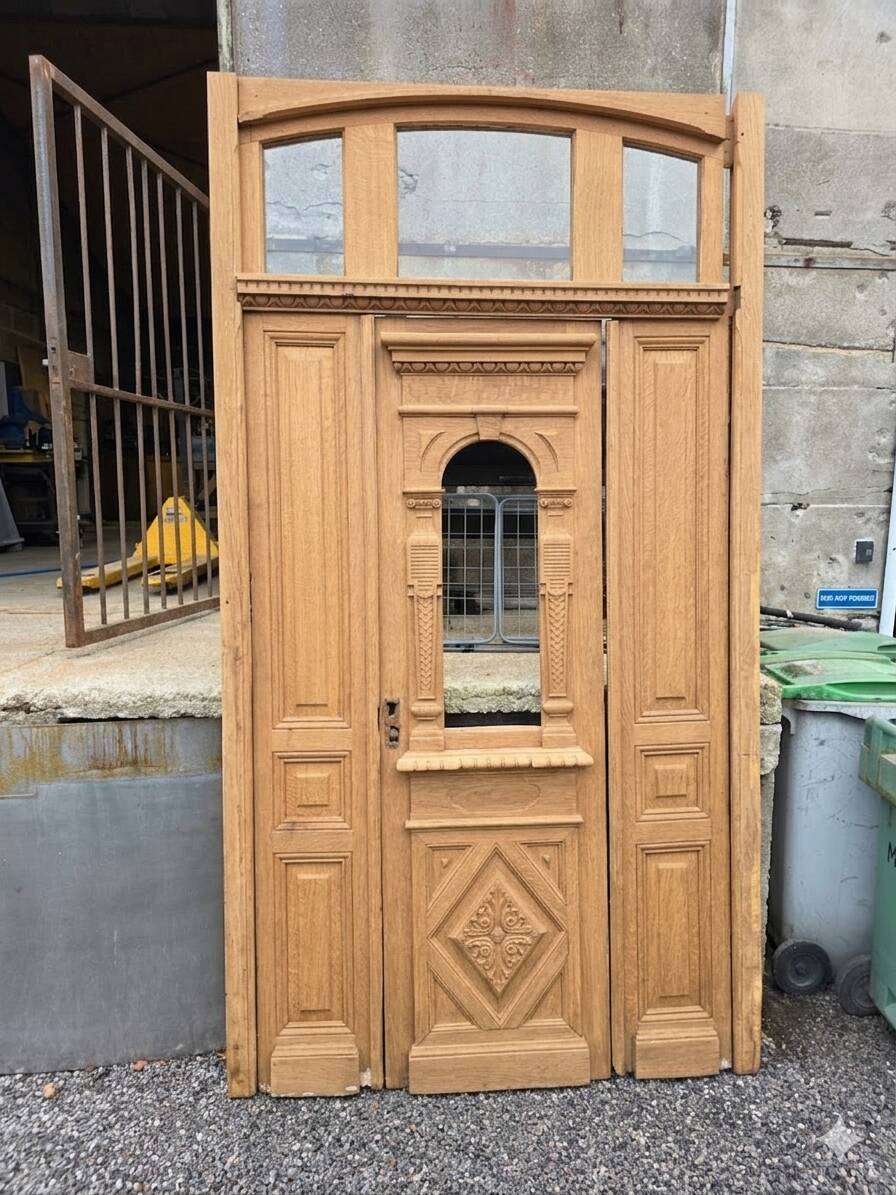 19th-century solid oak entrance door with three openings, including frame.