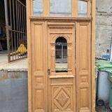 19th-century solid oak entrance door with three openings, including frame.