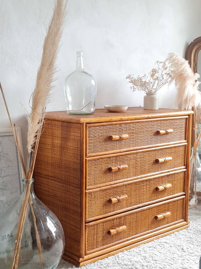 Vintage rattan chest of drawers circa 70s