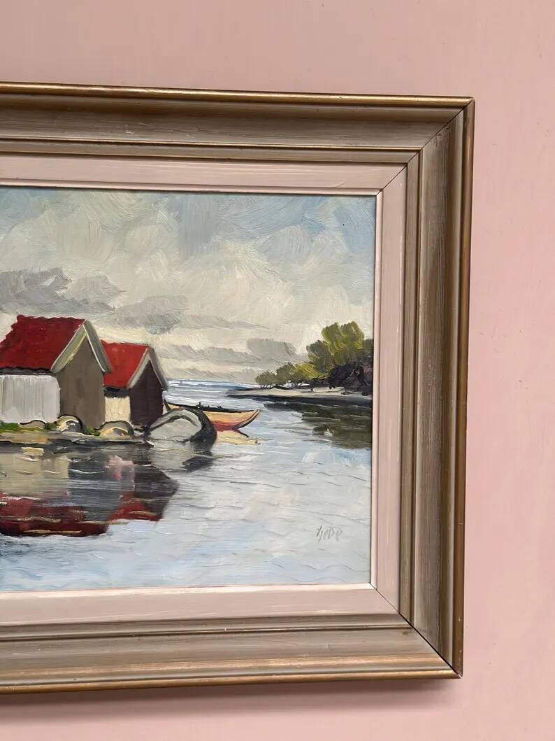 Original Swedish Oil on Canvas – "Houses and Trees", Unknown Artist – Signed, Vintage and Framed – 53.5 x 46 cm (21 x 18 inches)