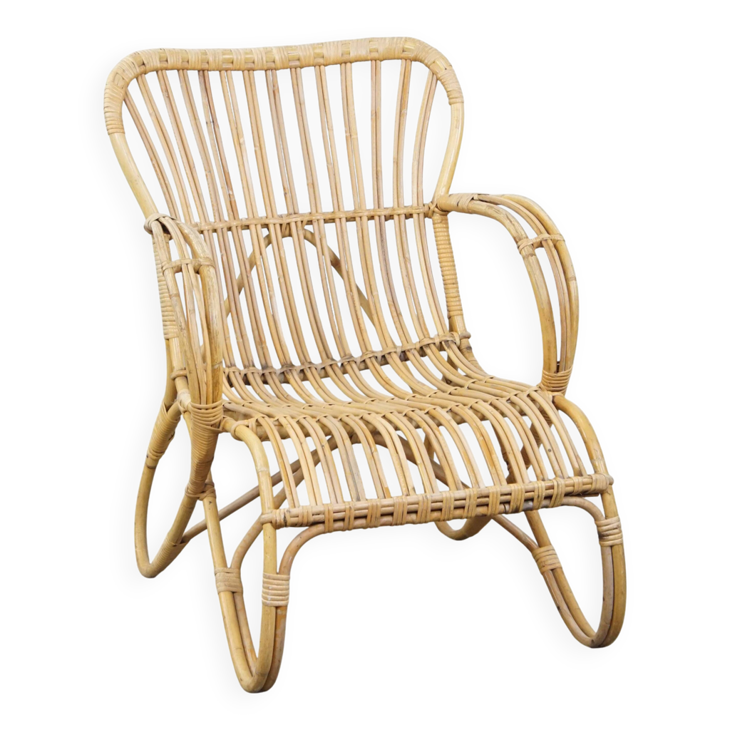 Paire De Fauteuils Vintage En Rotin Modèle Soleil - Design Mid-century, Attribué