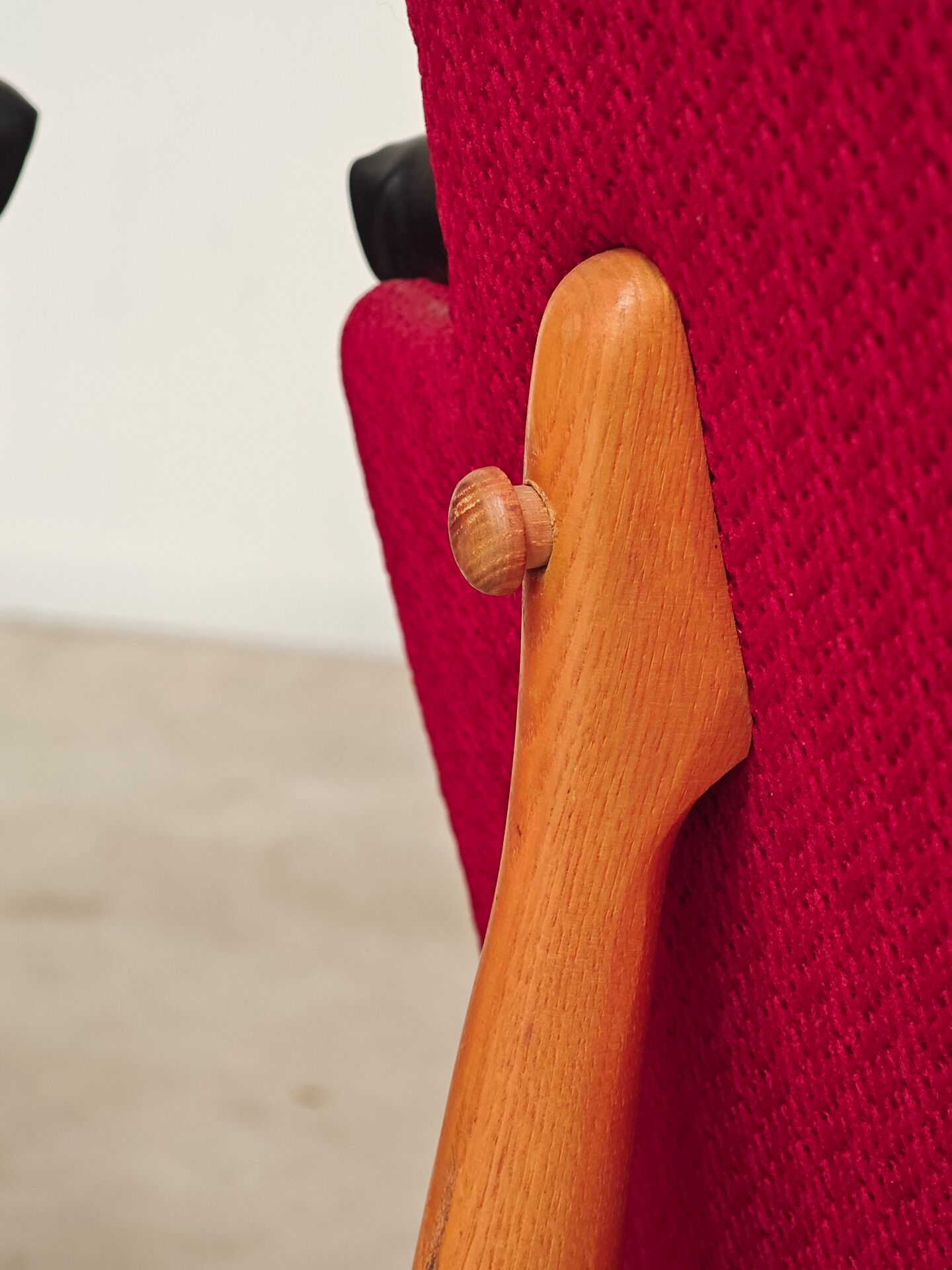 Pair of Drevotex Zamberk armchairs, red fabric and faux leather 1970