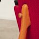 Pair of Drevotex Zamberk armchairs, red fabric and faux leather 1970