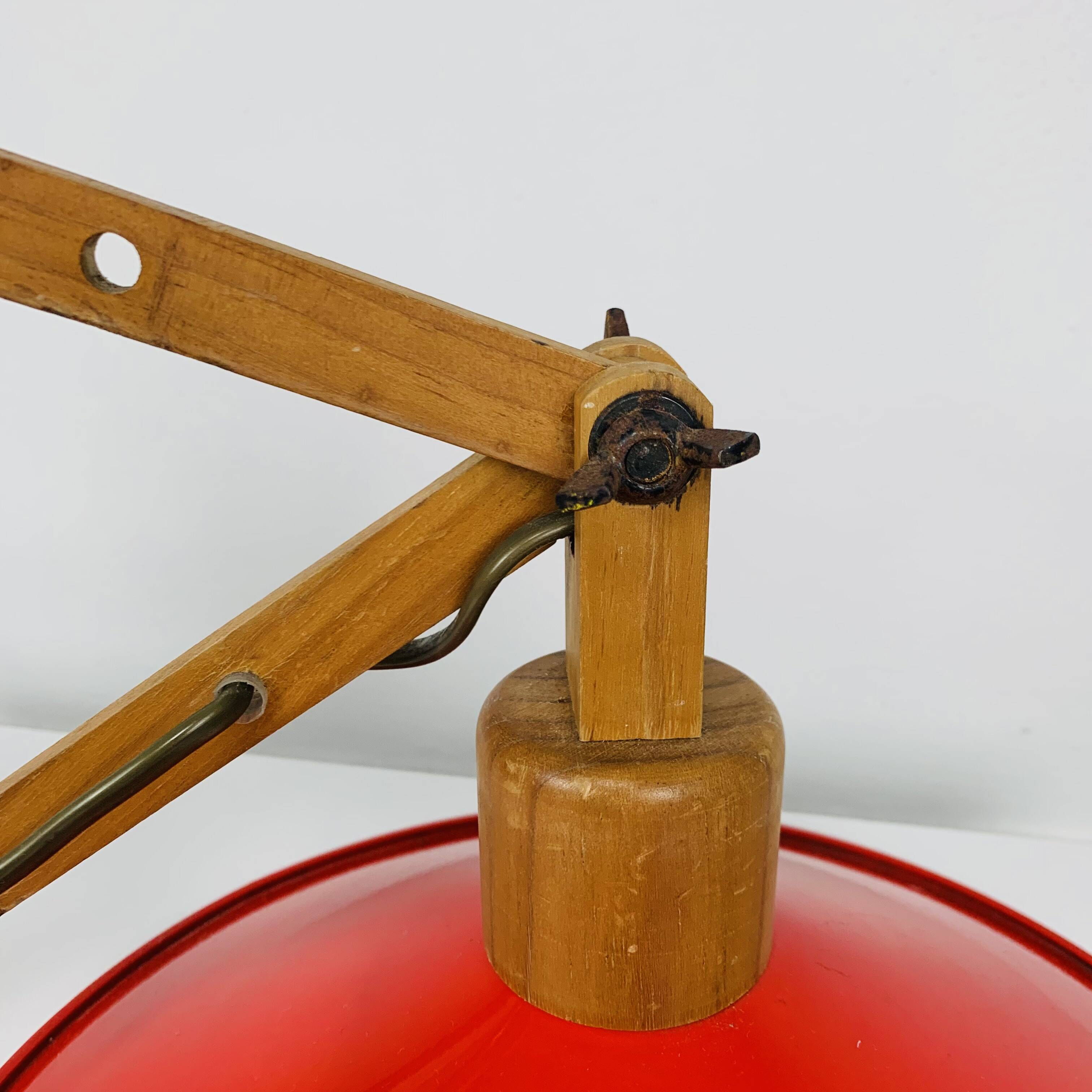 SCE 60s accordion wall light, wood and red reflector