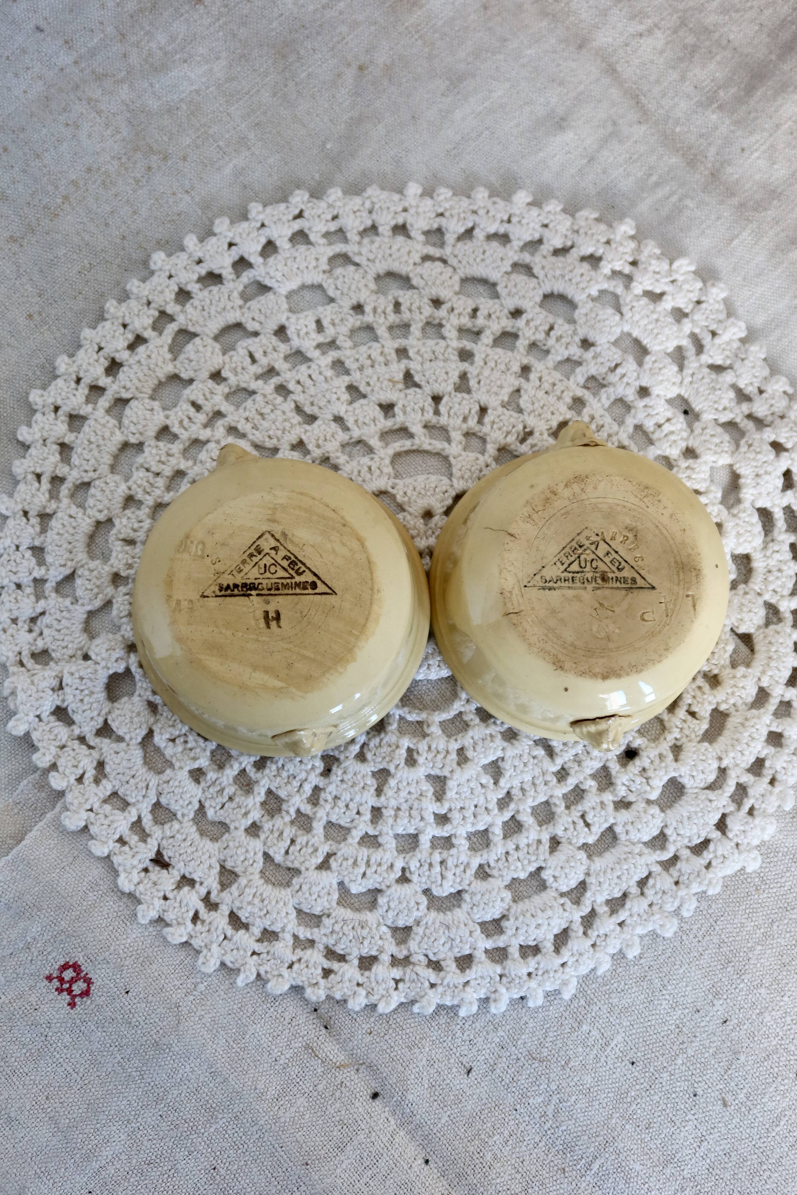 Antique Sarreguemines 1922 earthenware dishes / ramekins beige iron earth