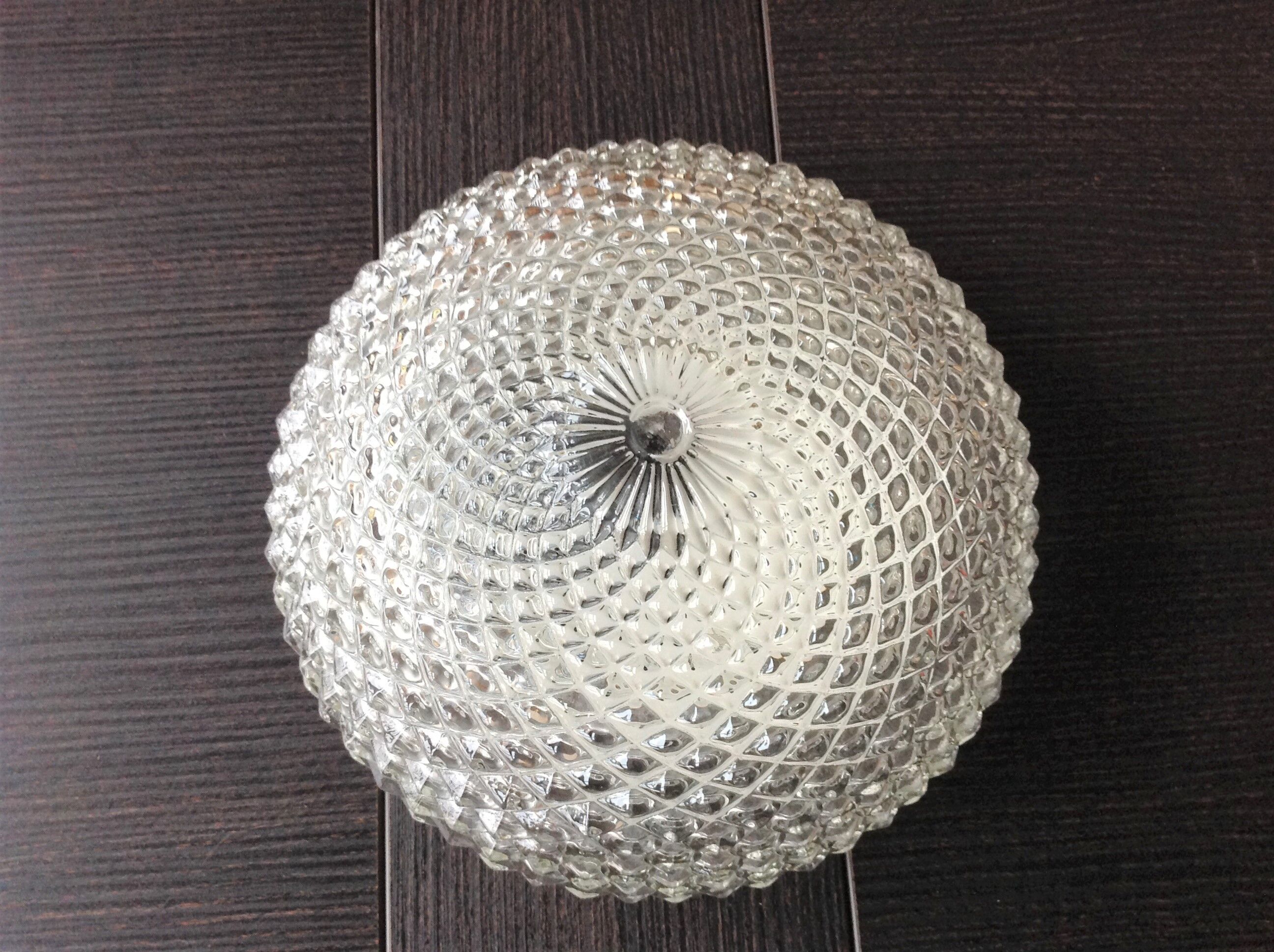Round glass ceiling lamp diamond tips, vintage 60/70s