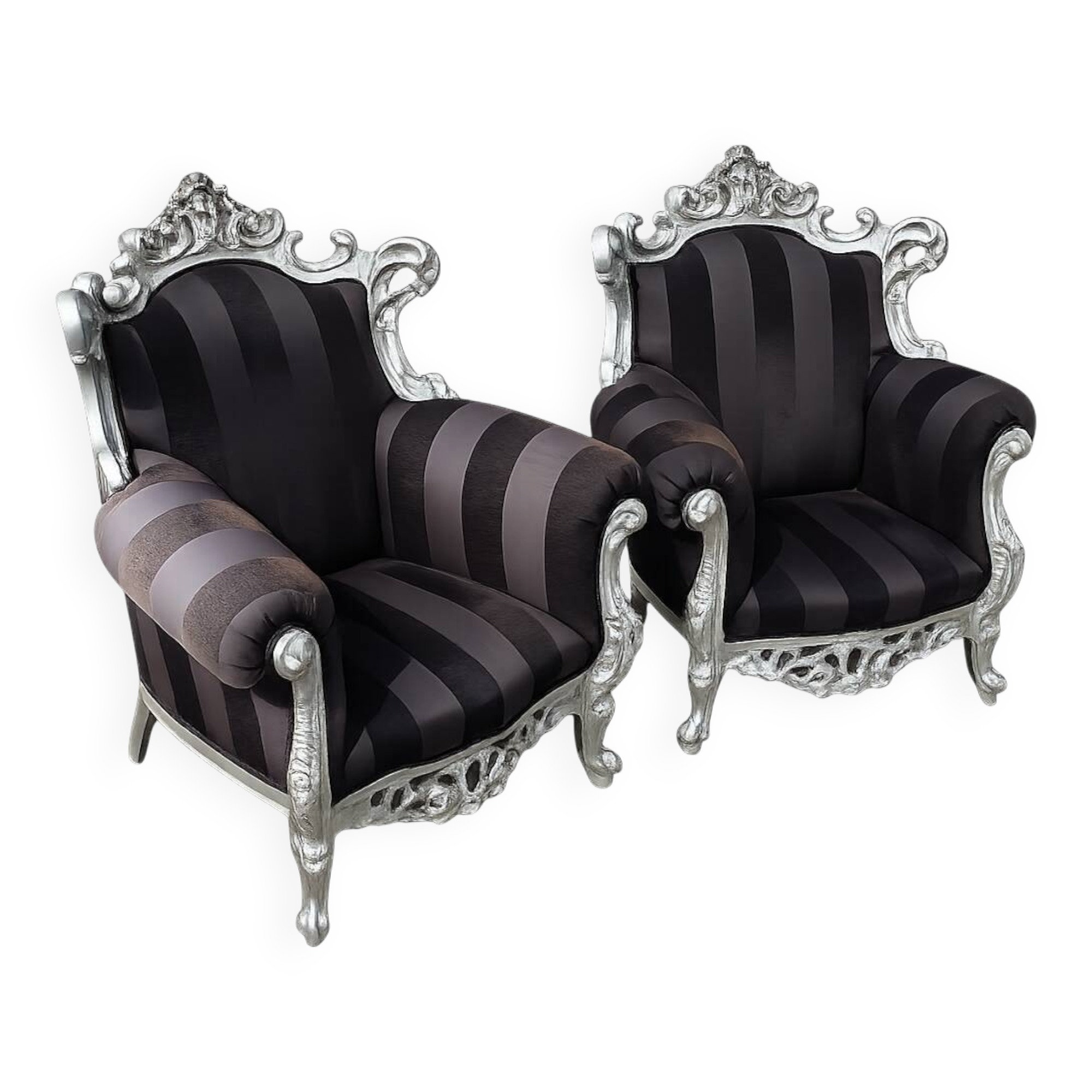 A pair of vintage armchairs, 1980s, lacquered wood and fabric