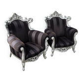 A pair of vintage armchairs, 1980s, lacquered wood and fabric