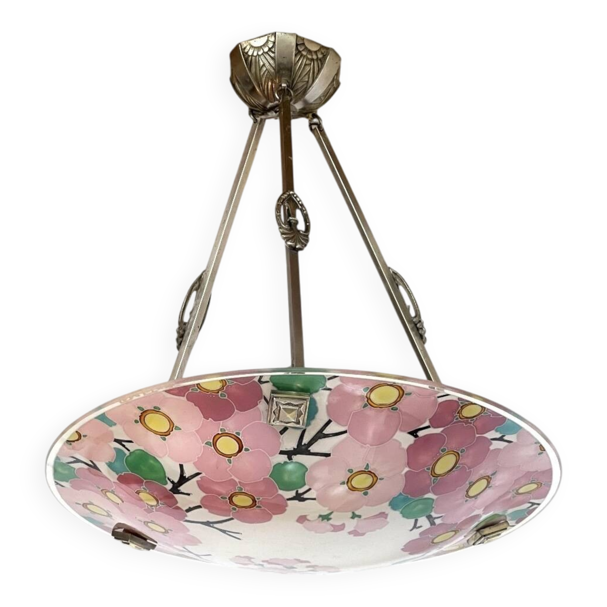 Art Deco enamelled glass basin pendant light by Loys Lucha