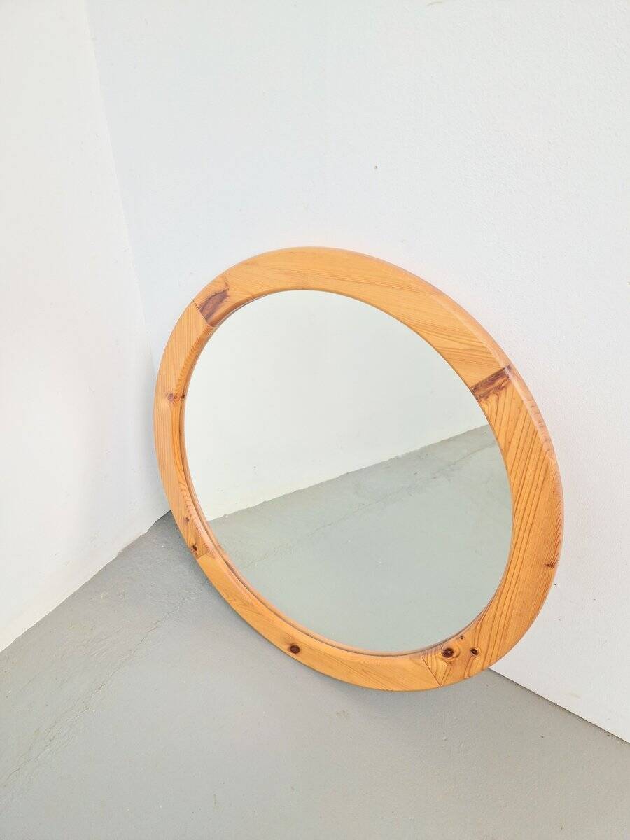 Scandinavian Round Pine Mirror, 1970s