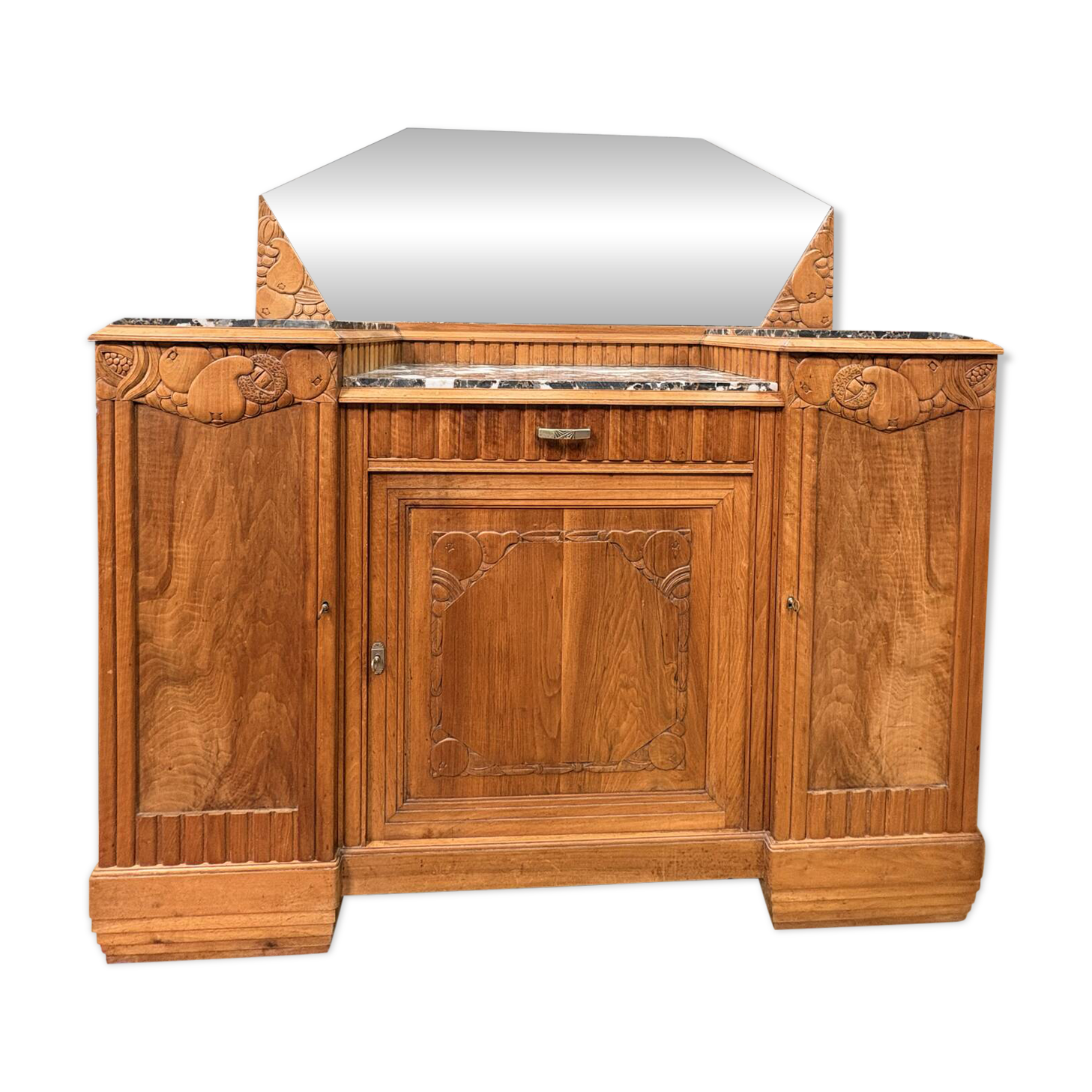 Art Deco buffet in carved walnut, marble and large mirror – 1930s