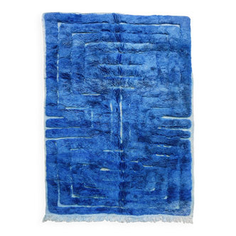 Tapis berbère marocain Beni Ouarain bleu intense à motifs gravés 2,92x2,07m