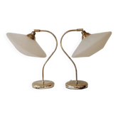 Set of 2 vintage brass table lamps with glass shades.