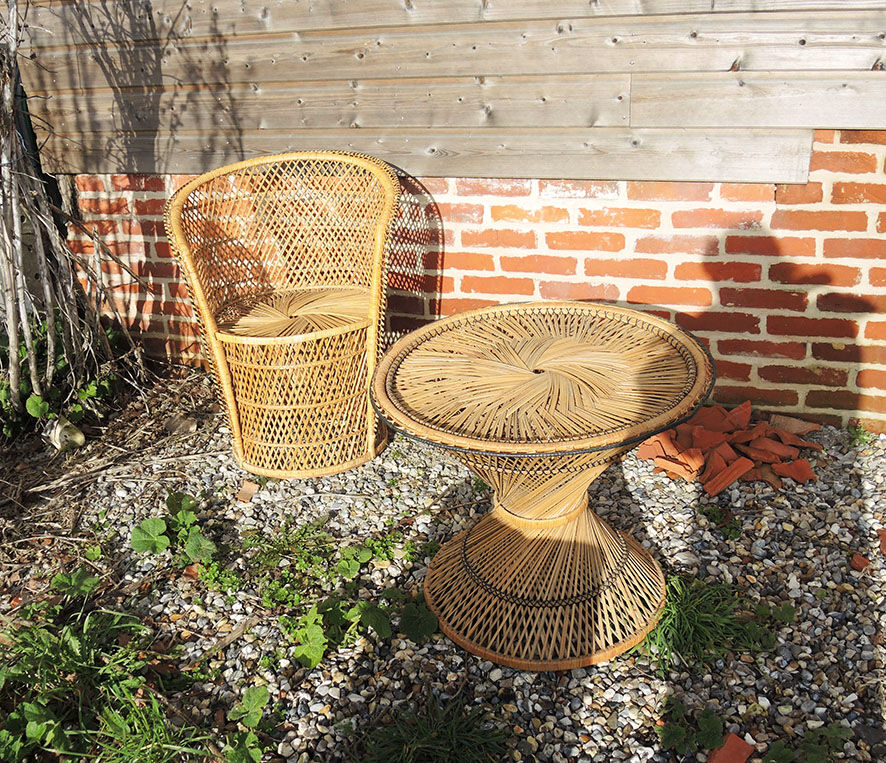 Old wicker / rattan table and armchair