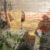 Old wicker / rattan table and armchair