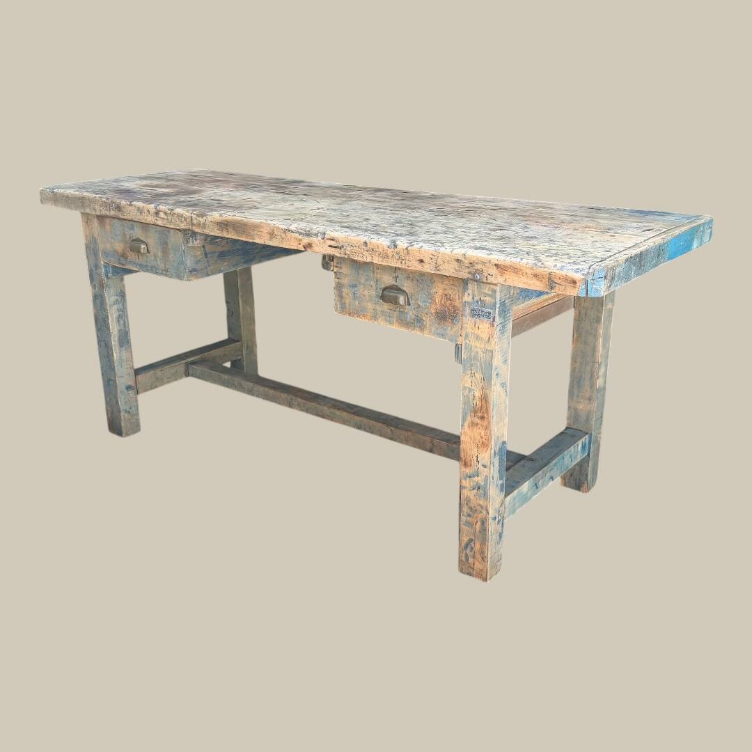 Blue patina beech drawer console established in 1940.