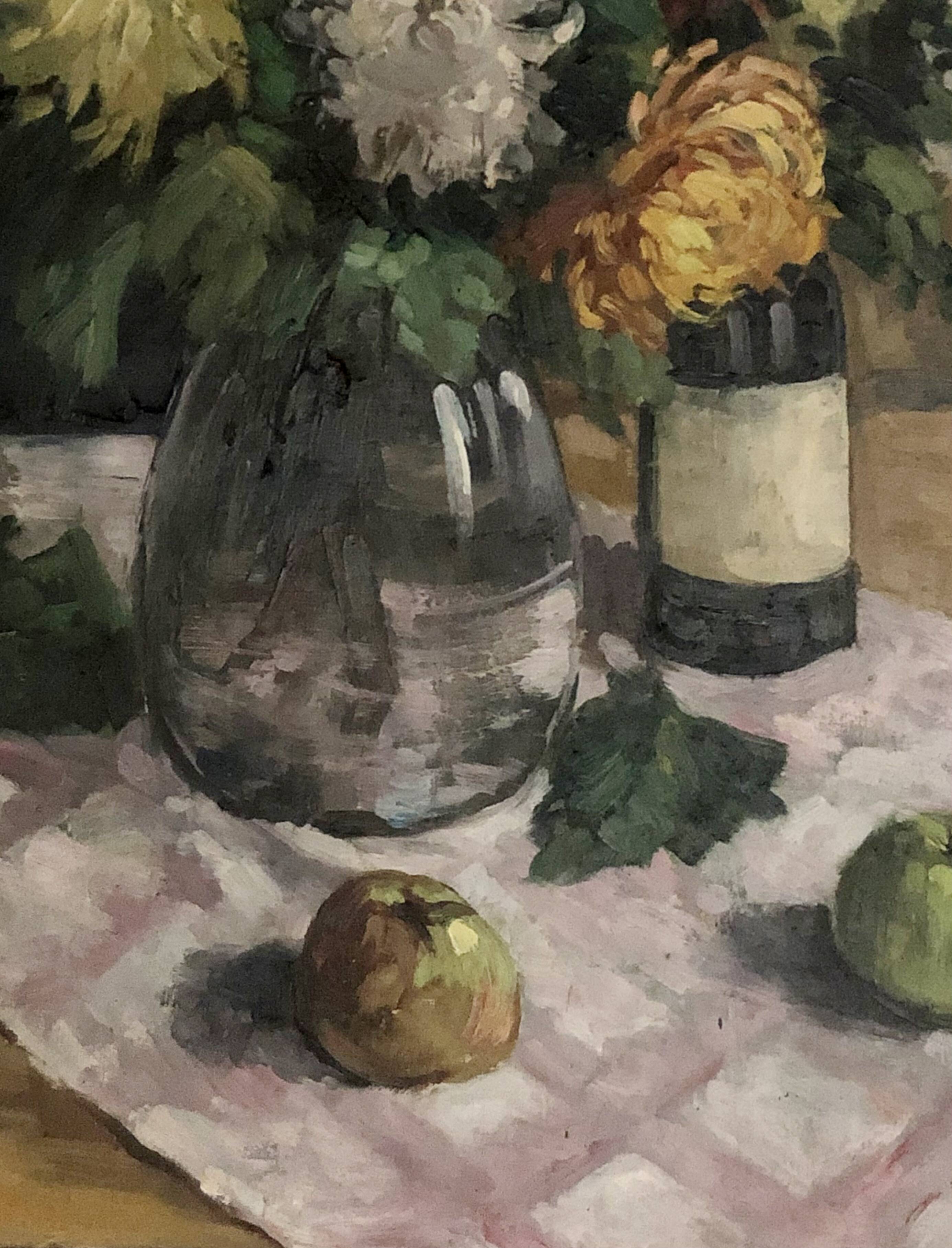 Large still life painting oil on canvas HST flowers wine