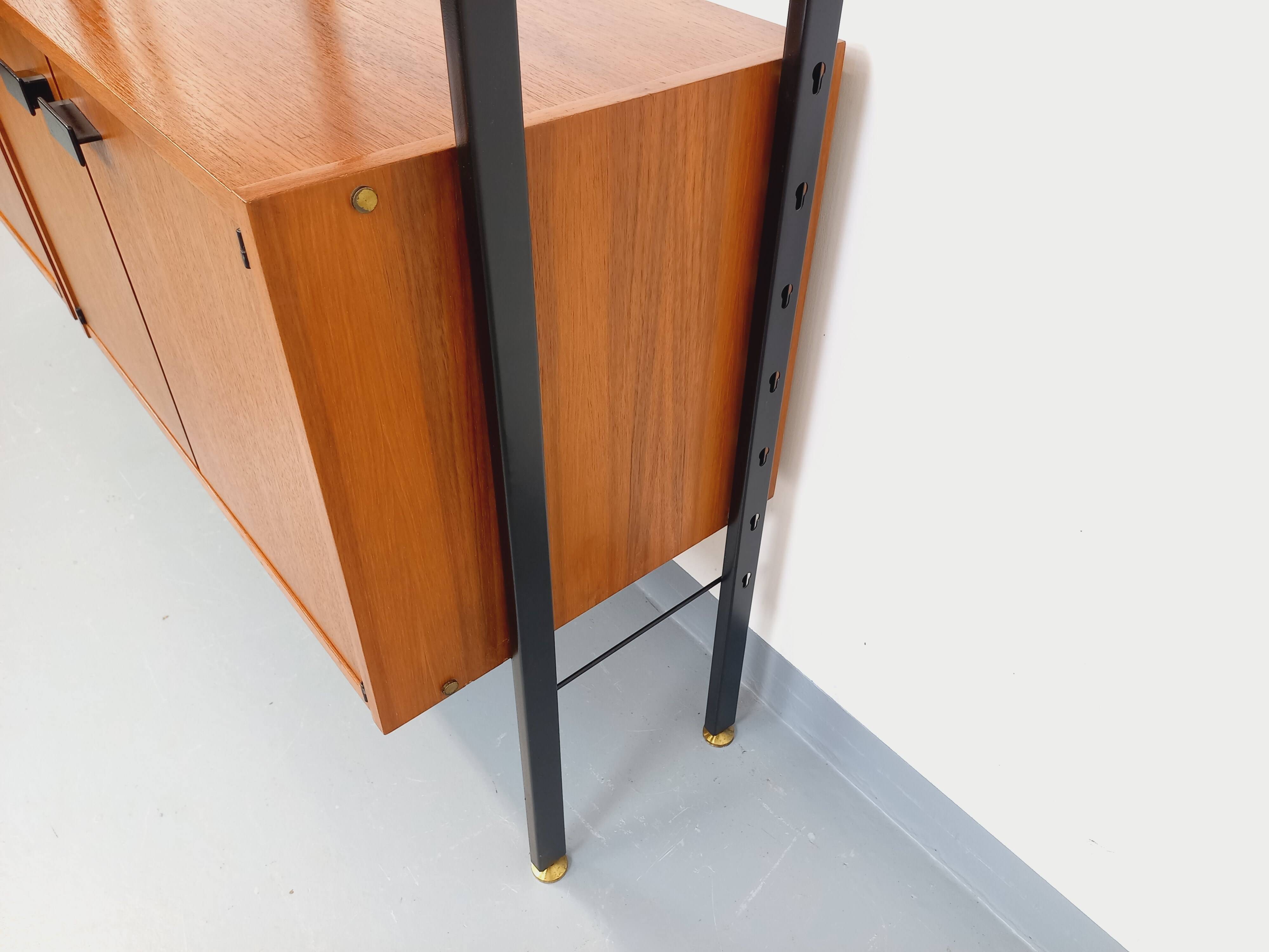 Vintage Italian double modular shelf bookcase in teak and metal