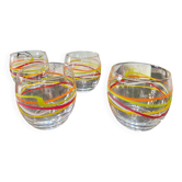 4 vintage Luminarc water glasses with coloured spiral line patterns.