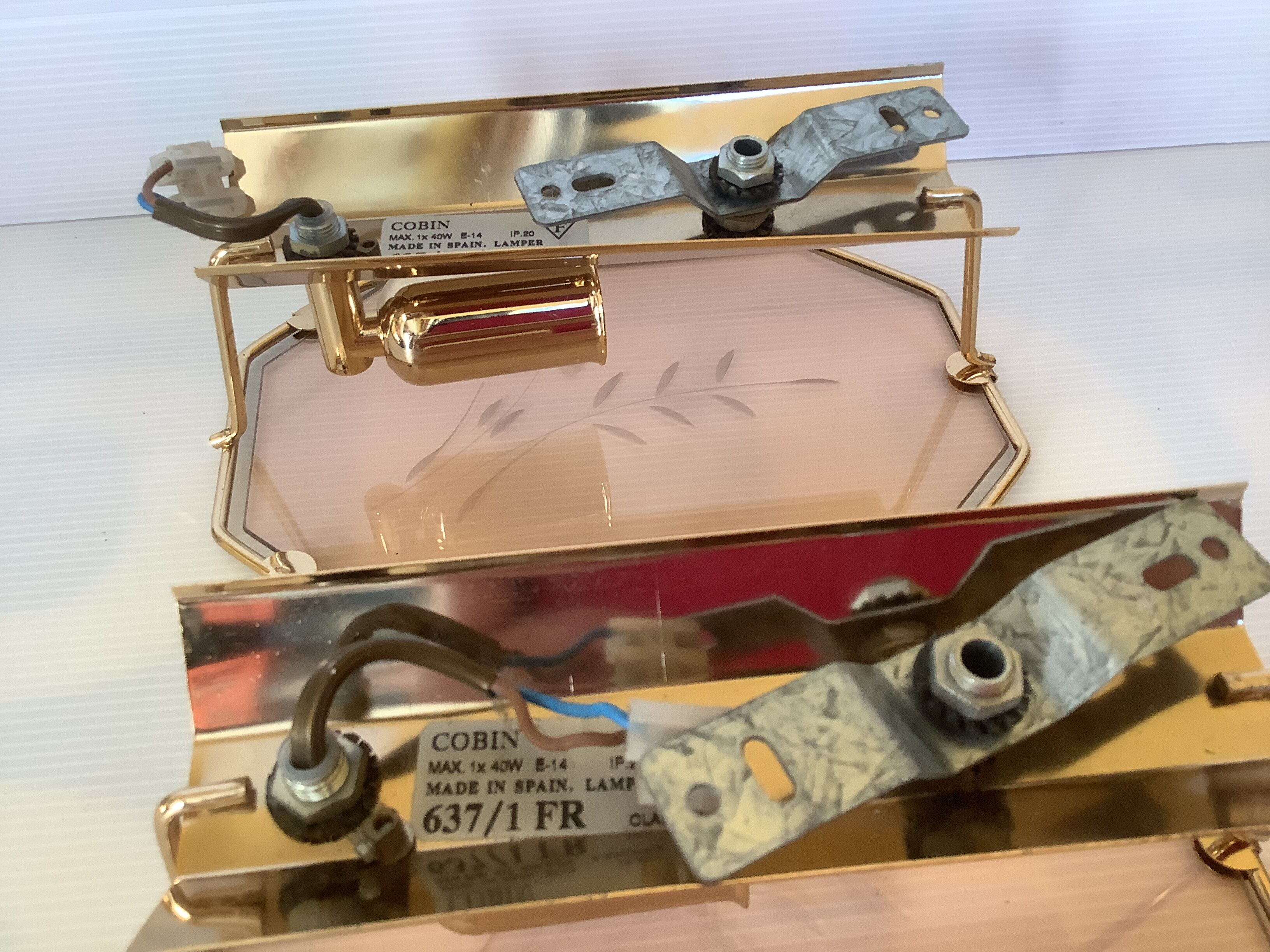 Pair of old brass wall lamps cut glass