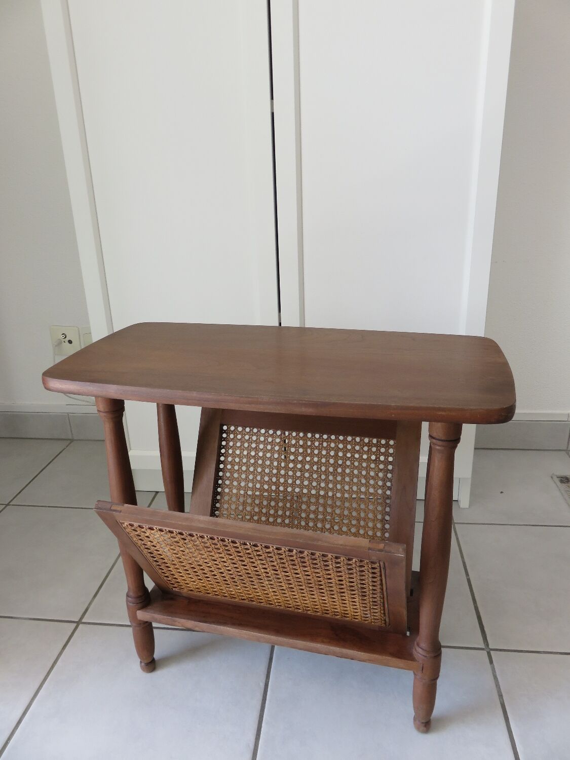 Vintage wooden and cane magazine rack Side table