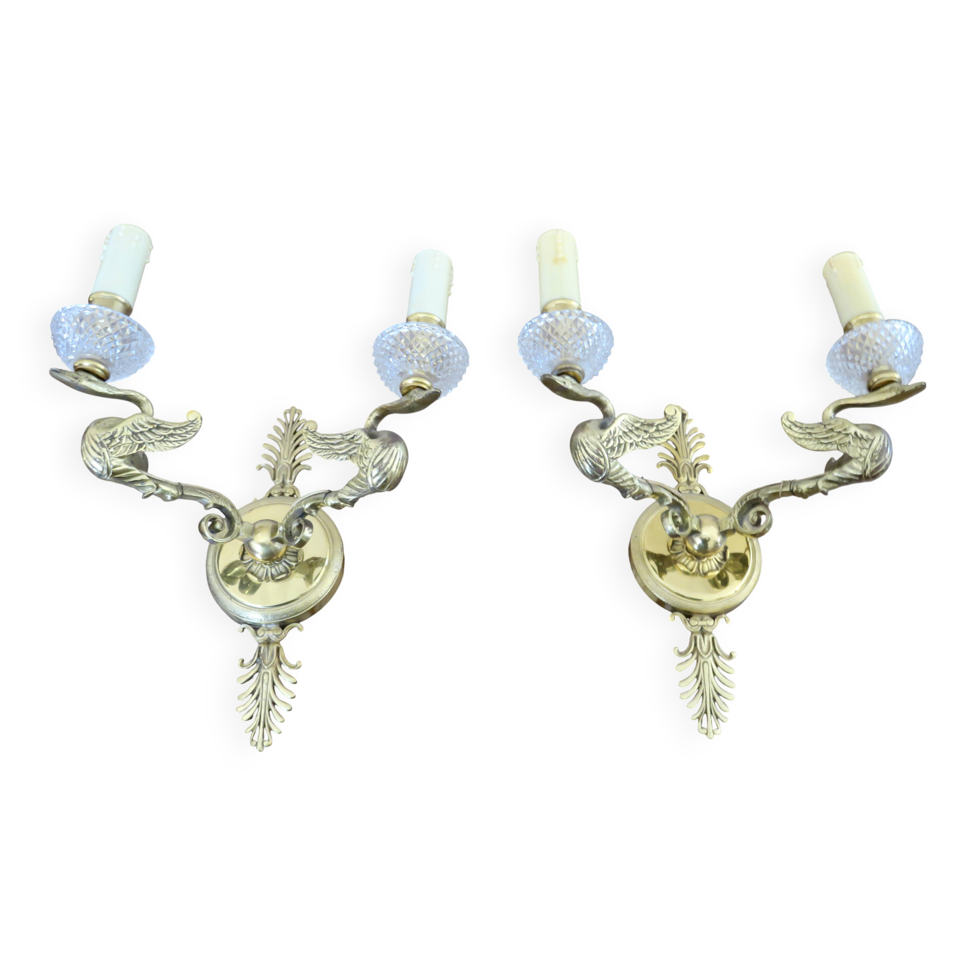 Pair of Lucien Gau "swan" wall lights in gilded bronze with bright gold and crystal