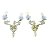 Pair of Lucien Gau "swan" wall lights in gilded bronze with bright gold and crystal