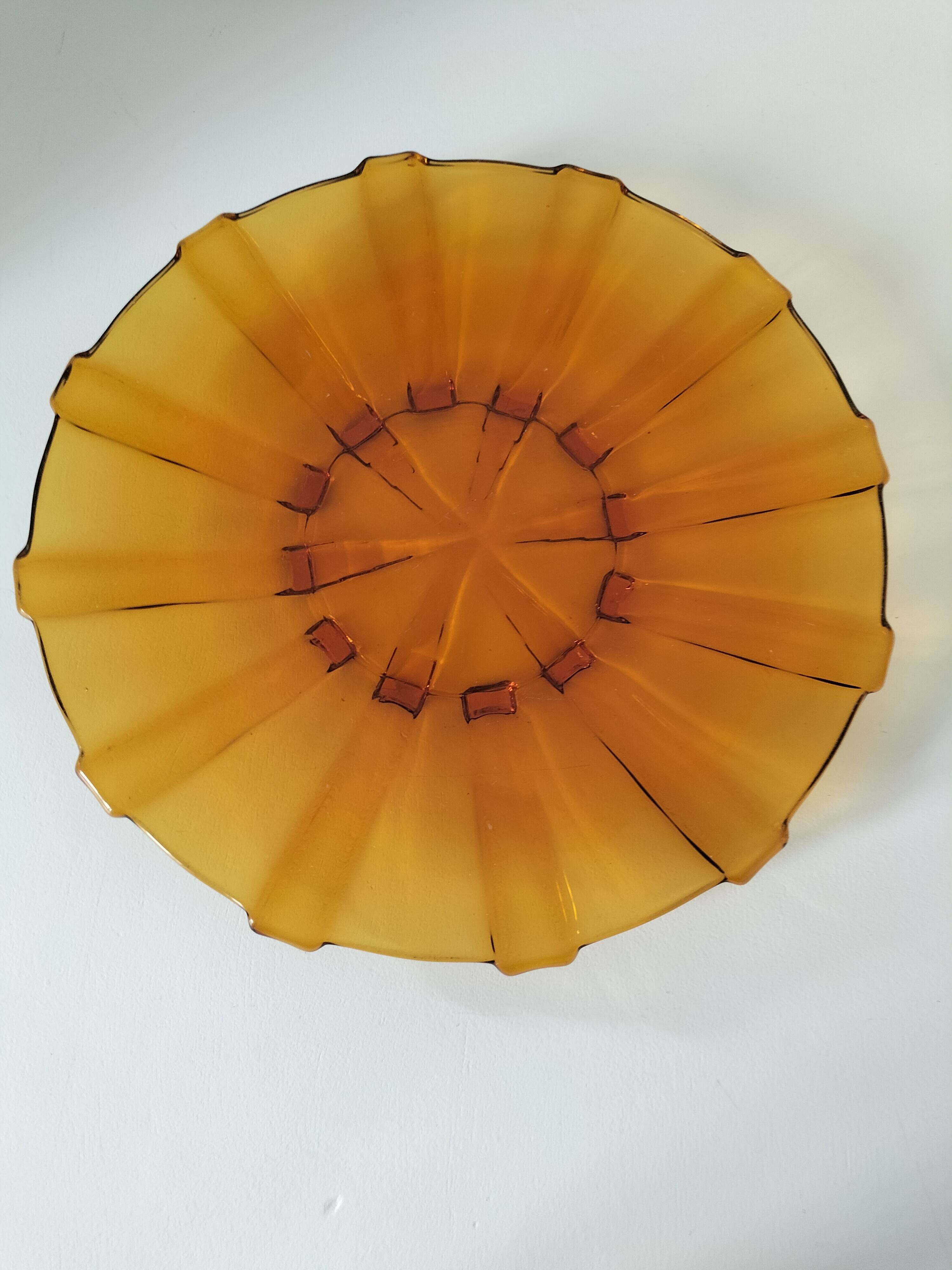 Large amber molded pressed glass dish