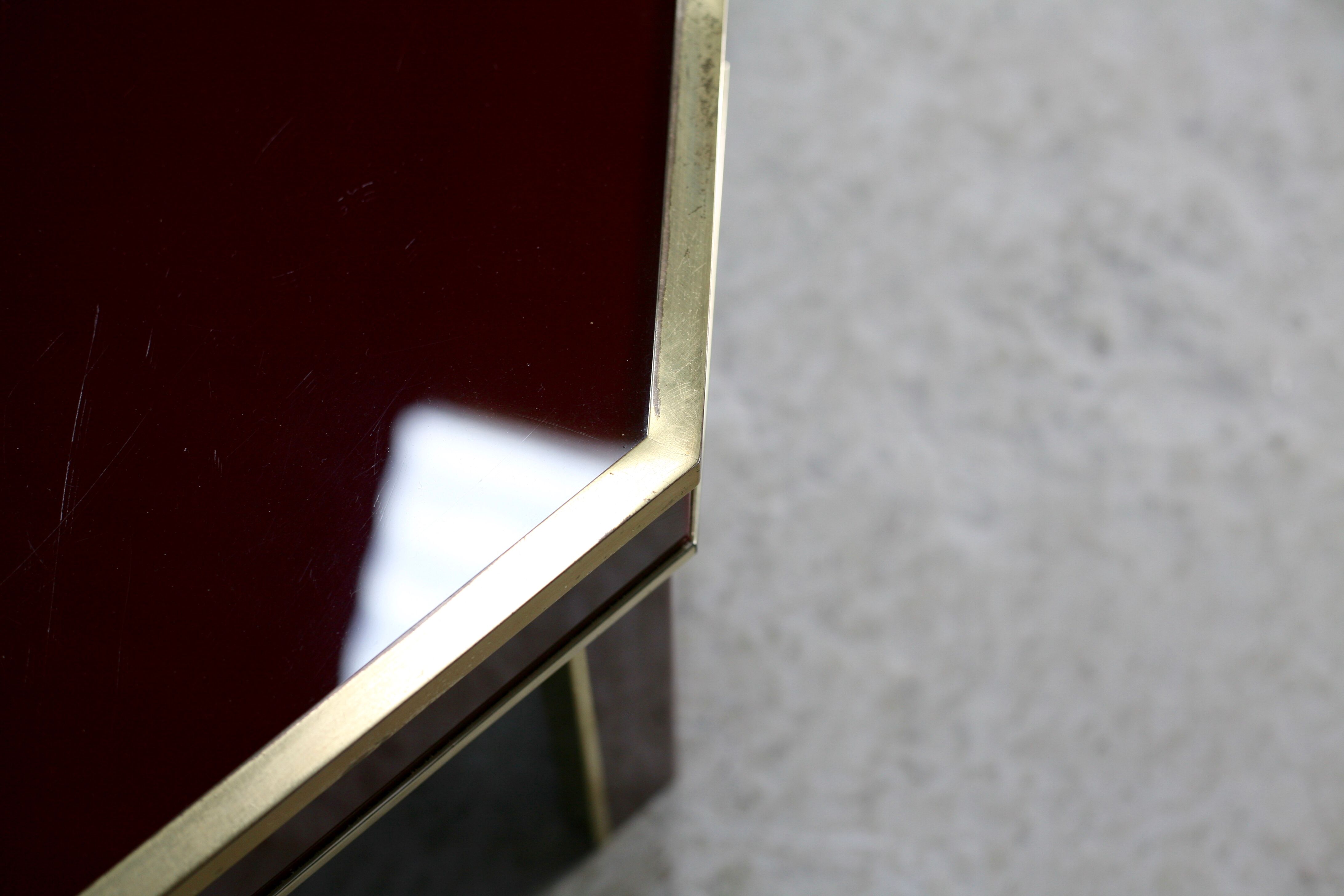 Coffee table Eric Maville glass brass plexiglass wood France, 70s. Small scratches. small
