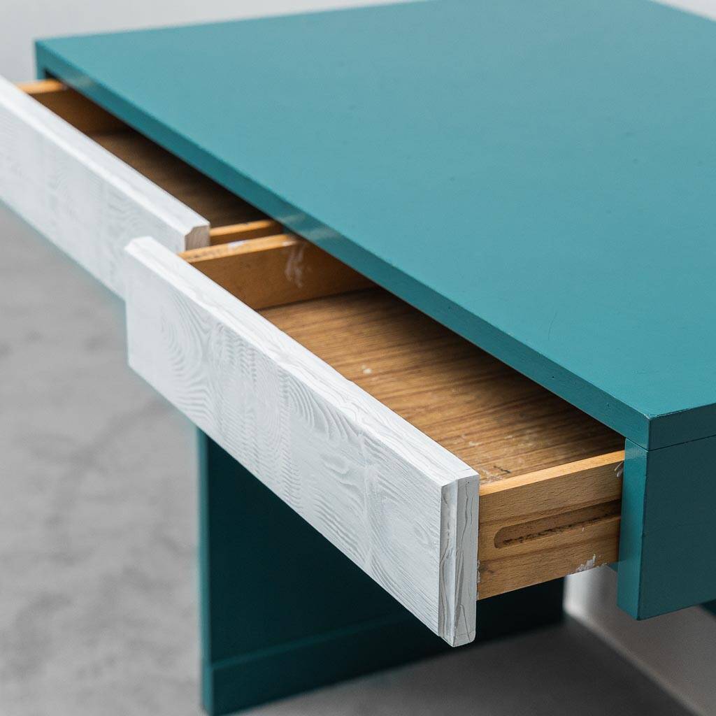 Vintage petrol green desk with drawers 1970s modernism