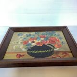 Tableau bouquet de fleurs huile sur panneau