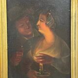Peinture encadrée du XVIIIe siècle représentant un couple partageant un verre