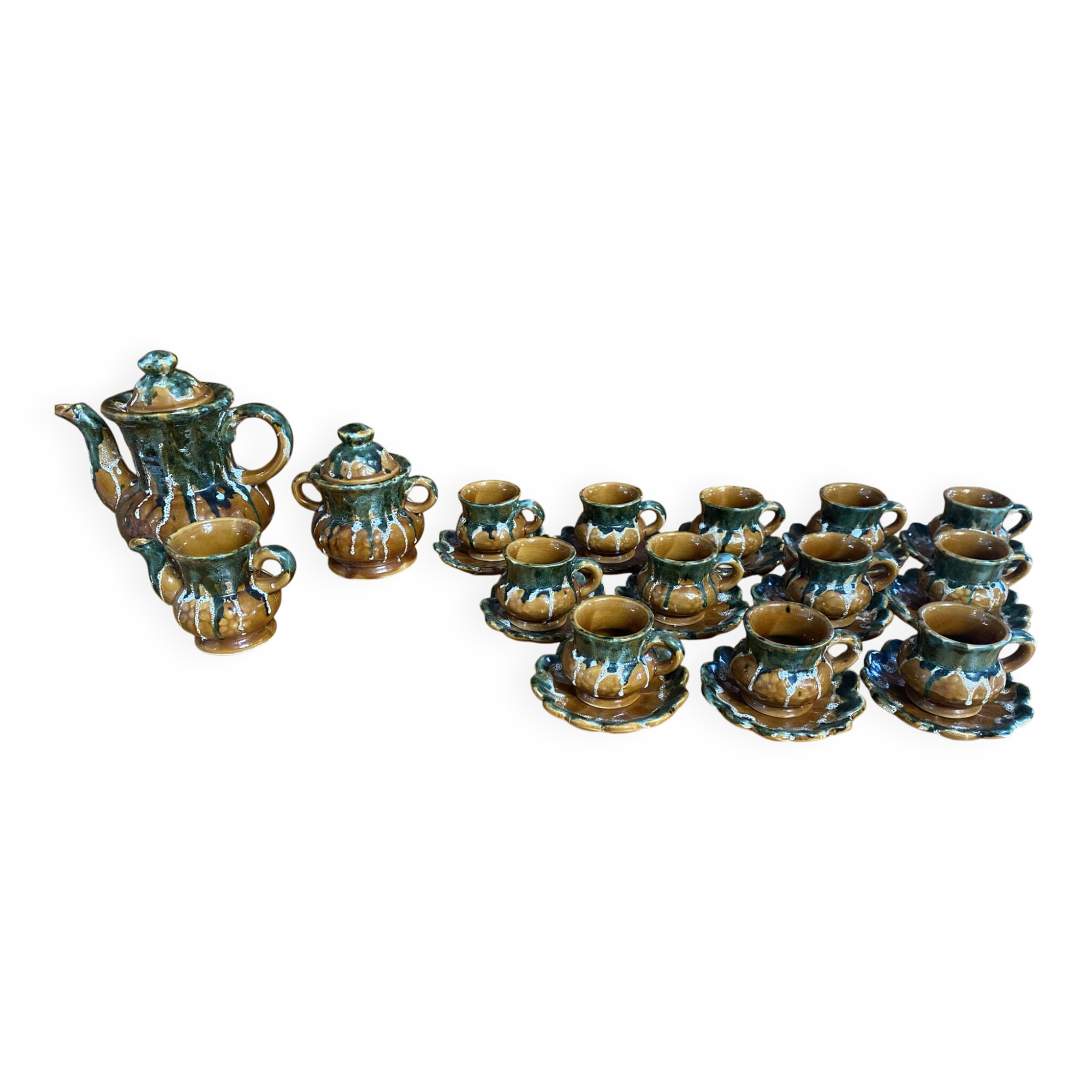 Vintage French café service set, 27 pieces, old pottery from Maine.