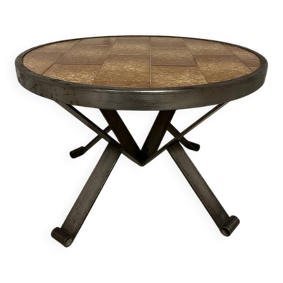 Table basse ronde en céramique et fer forgé vintage
