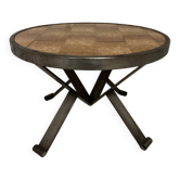 Table basse ronde en céramique et fer forgé vintage