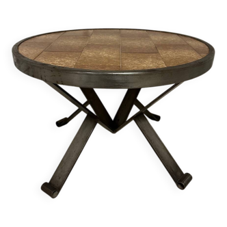 Vintage round ceramic and wrought iron coffee table