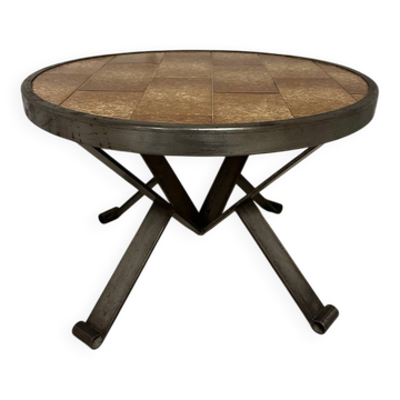 Table basse ronde en céramique et fer forgé vintage