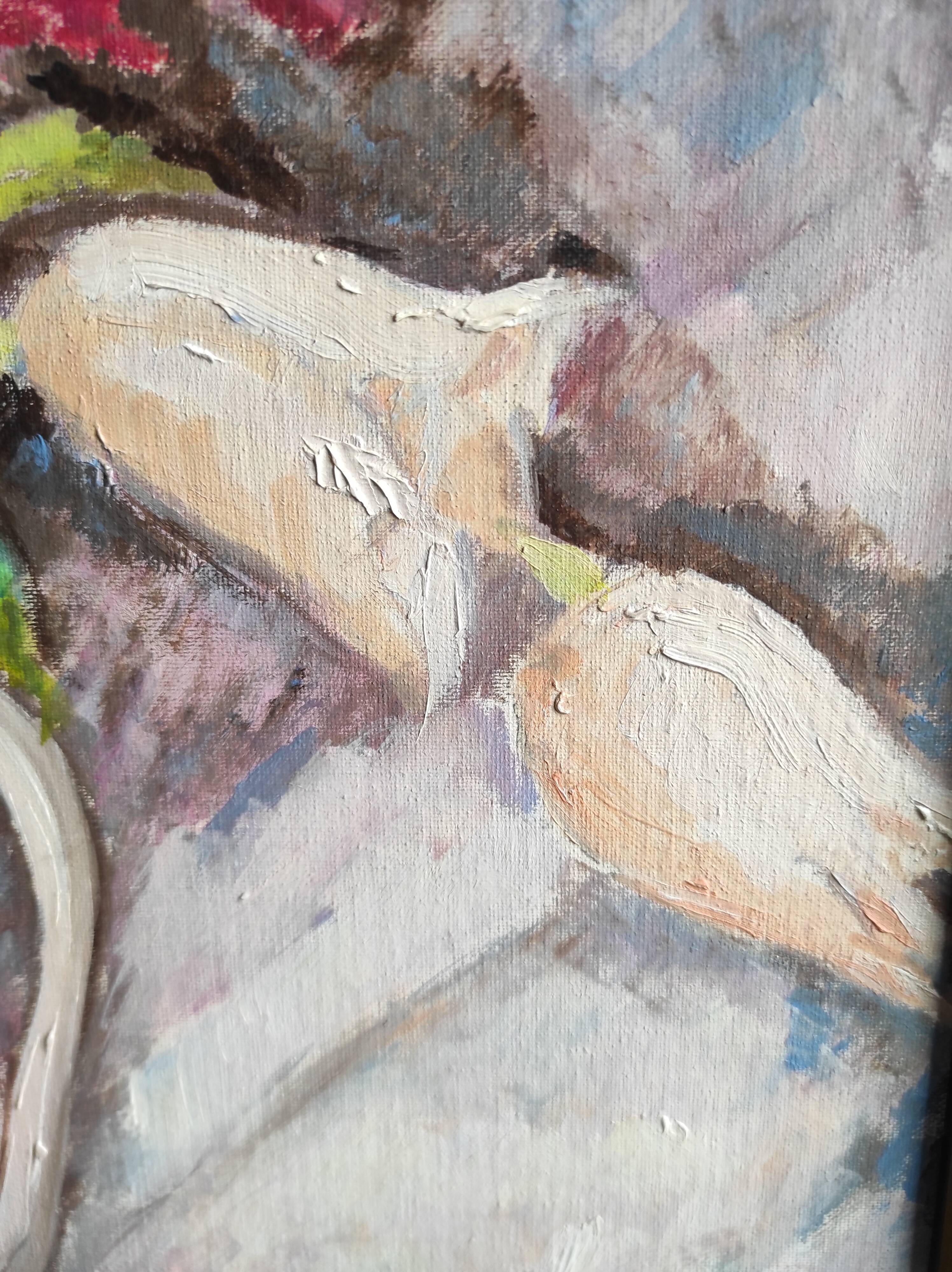 Vintage French oil painting of flowers, signed Renée