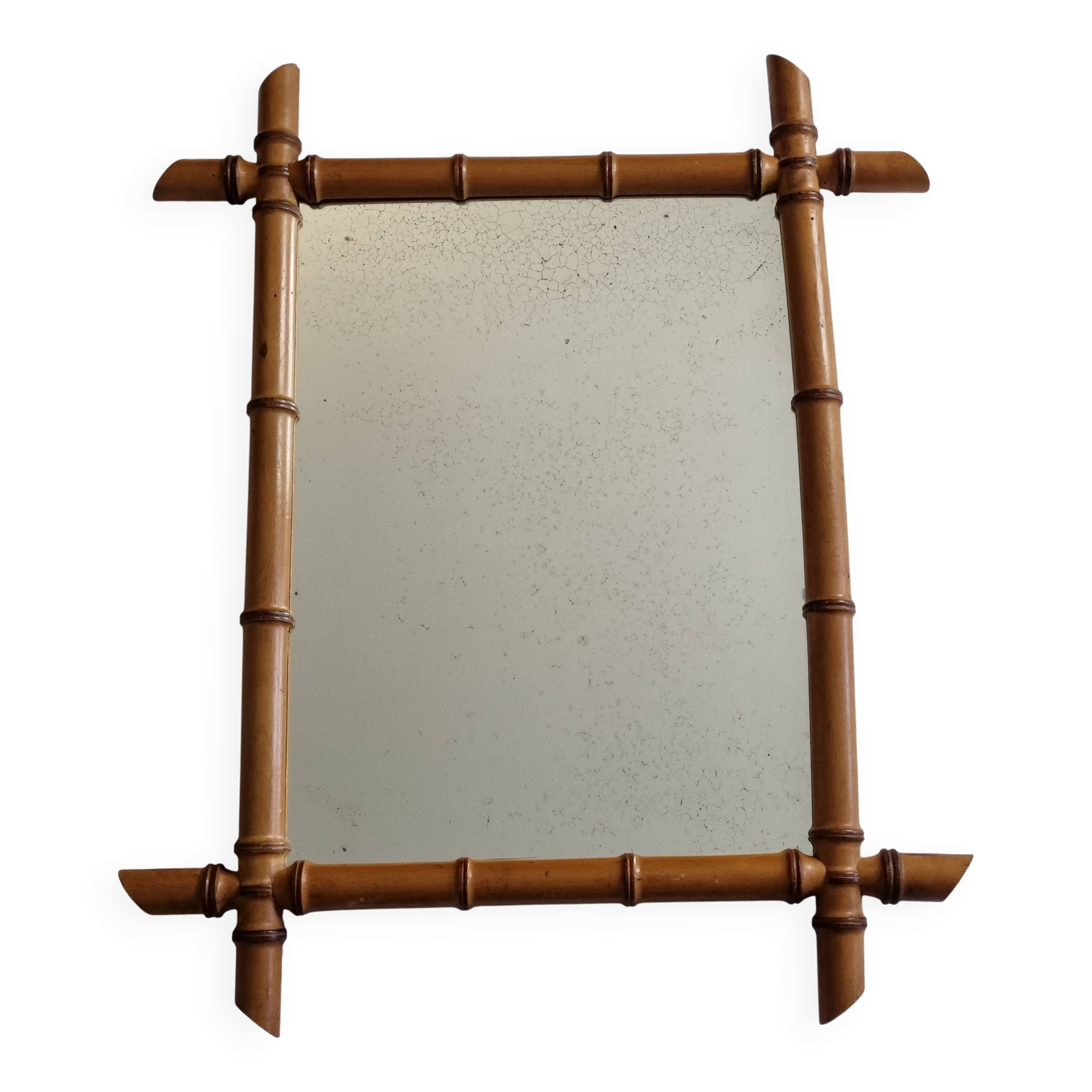 Antique mirror in turned bamboo-style wood, late 19th century, 69 x 53 cm