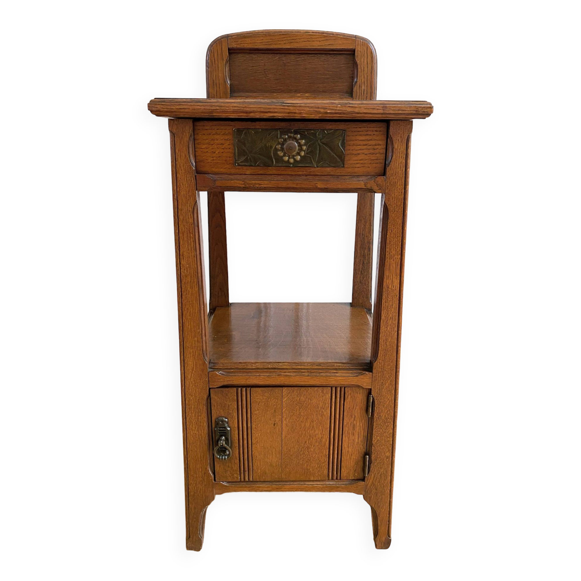 Vintage solid oak bedside table, 1 door, 1 drawer and 1 niche