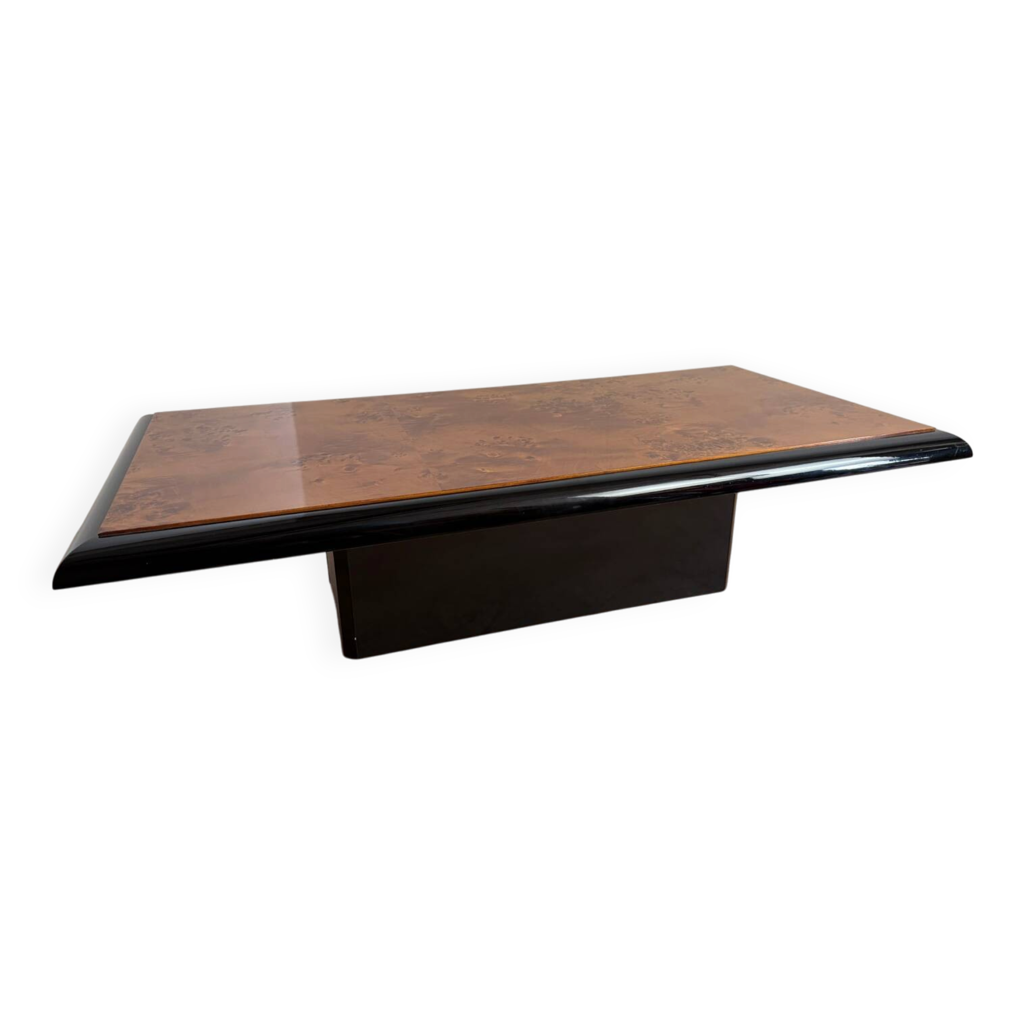 Vintage coffee table – wood burl and black lacquer, in the style of Ma.