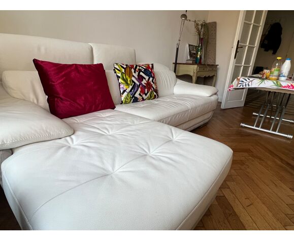 Canapé d'angle en cuir blanc et alcantara gris clair | Selency