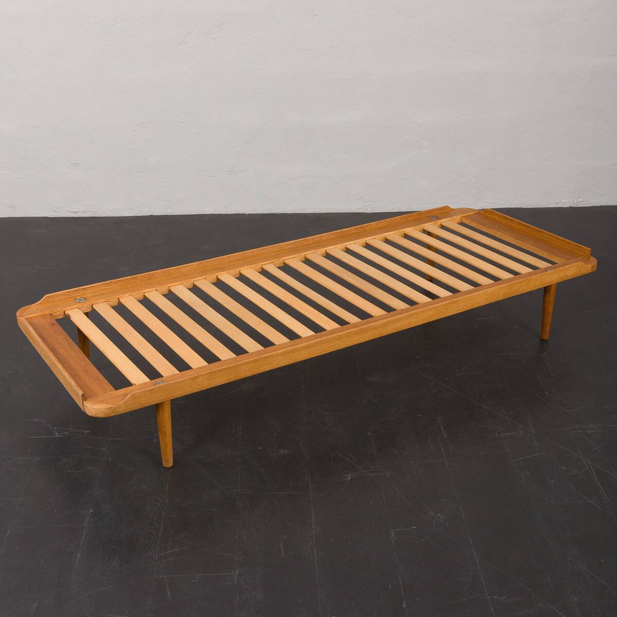 Danish mid century solid oak daybed in black leather, 1960s